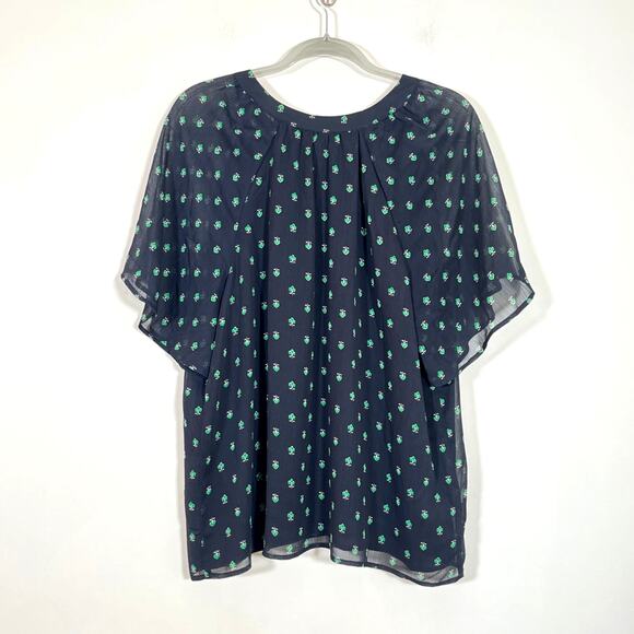 Ann Taylor Womens Shamrock Button Up Short Sleeve Blouse Navy Size Large NWT - Picture 2 of 6